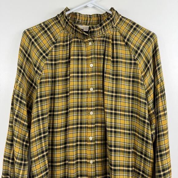 Loft Yellow Black Plaid Button Up Shirt Small Ruffle Neck Fall Tunic Preppy - Picture 3 of 14